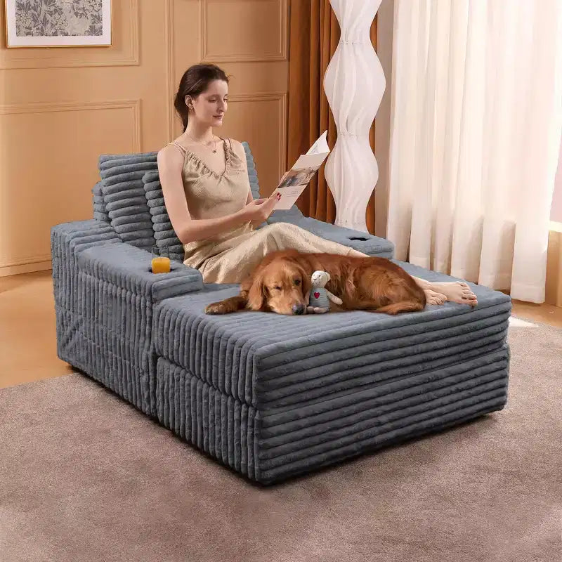 Chaise longue in velluto a coste con pouf contenitore, grigio / bianco sporco / verde chiaro, seduta singola, 3 cuscini