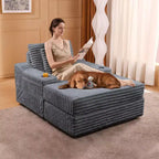 Chaise longue in velluto a coste con pouf contenitore, grigio / bianco sporco / verde chiaro, seduta singola, 3 cuscini
