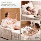 Chaise longue in velluto a coste con pouf contenitore, grigio / bianco sporco / verde chiaro, seduta singola, 3 cuscini