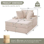Chaise longue in velluto a coste con pouf contenitore, grigio / bianco sporco / verde chiaro, seduta singola, 3 cuscini