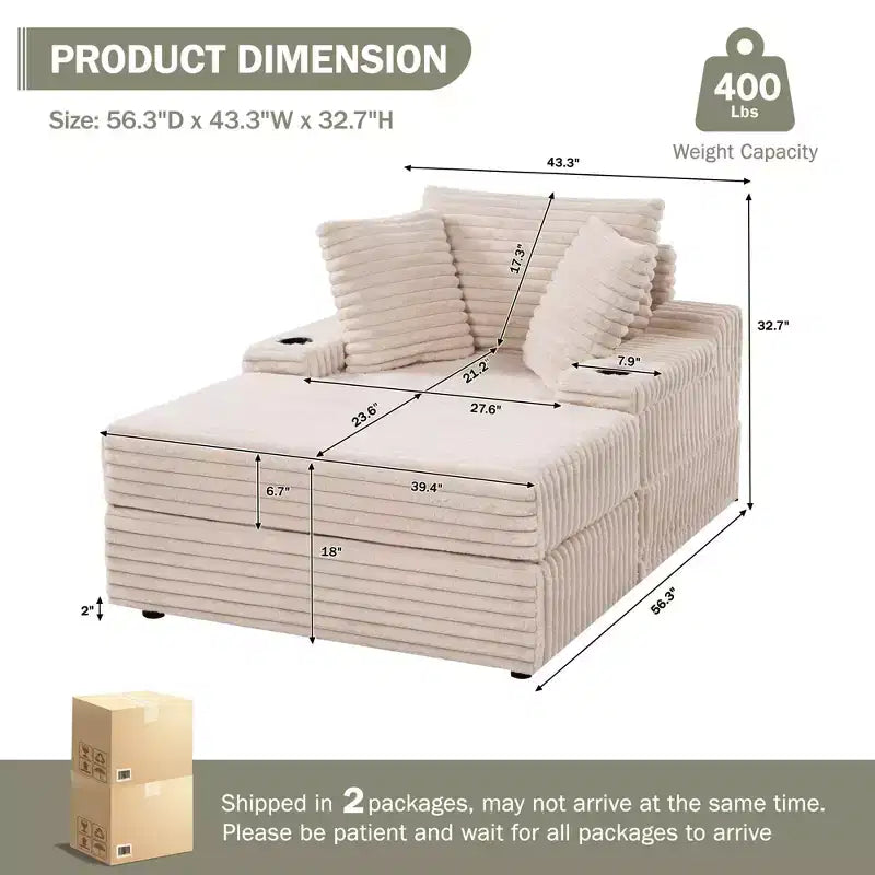 Chaise longue in velluto a coste con pouf contenitore, grigio / bianco sporco / verde chiaro, seduta singola, 3 cuscini