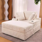 Chaise longue in velluto a coste con pouf contenitore, grigio / bianco sporco / verde chiaro, seduta singola, 3 cuscini
