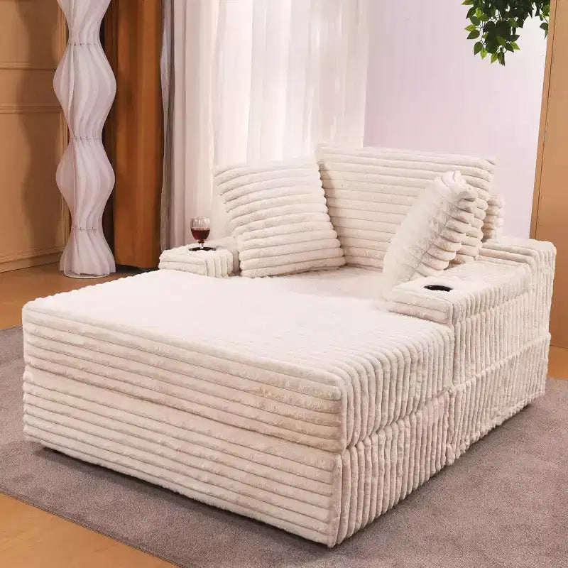 Chaise longue in velluto a coste con pouf contenitore, grigio / bianco sporco / verde chiaro, seduta singola, 3 cuscini