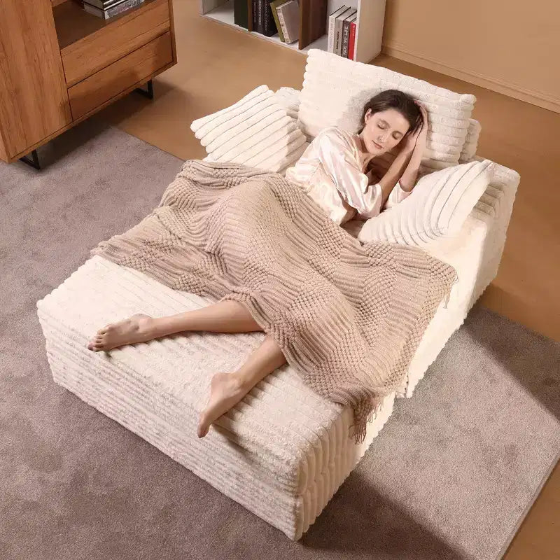 Chaise longue in velluto a coste con pouf contenitore, grigio / bianco sporco / verde chiaro, seduta singola, 3 cuscini