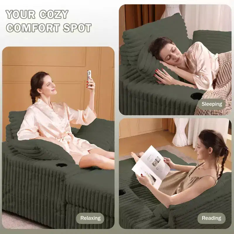 Chaise longue in velluto a coste con pouf contenitore, grigio / bianco sporco / verde chiaro, seduta singola, 3 cuscini