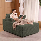 Chaise longue in velluto a coste con pouf contenitore, grigio / bianco sporco / verde chiaro, seduta singola, 3 cuscini