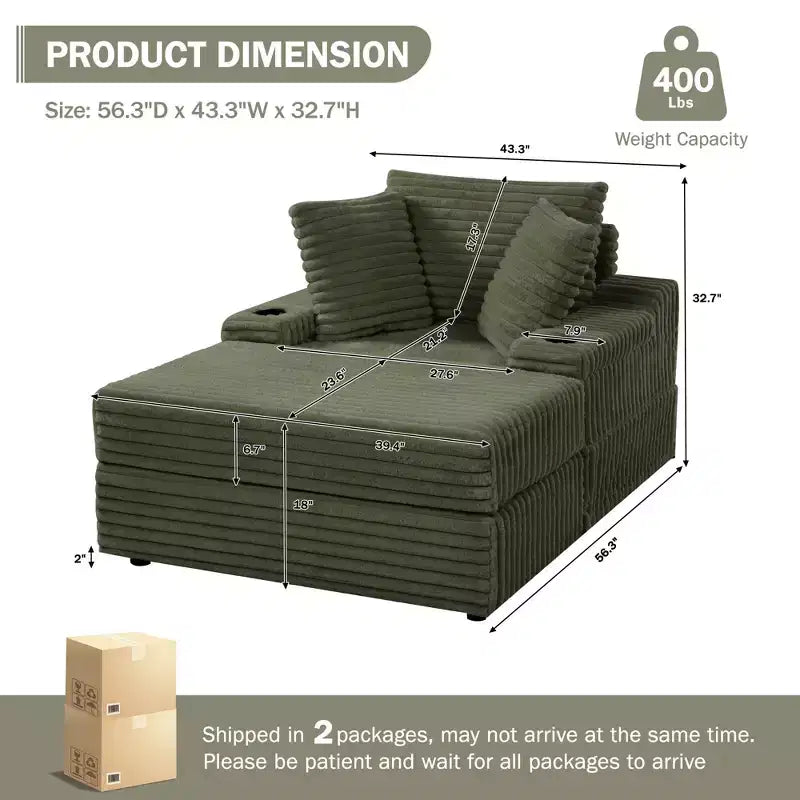 Chaise longue in velluto a coste con pouf contenitore, grigio / bianco sporco / verde chiaro, seduta singola, 3 cuscini