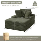 Chaise longue in velluto a coste con pouf contenitore, grigio / bianco sporco / verde chiaro, seduta singola, 3 cuscini