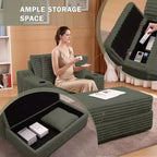 Chaise longue in velluto a coste con pouf contenitore, grigio / bianco sporco / verde chiaro, seduta singola, 3 cuscini