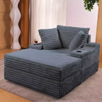 Chaise longue in velluto a coste con pouf contenitore, grigio / bianco sporco / verde chiaro, seduta singola, 3 cuscini