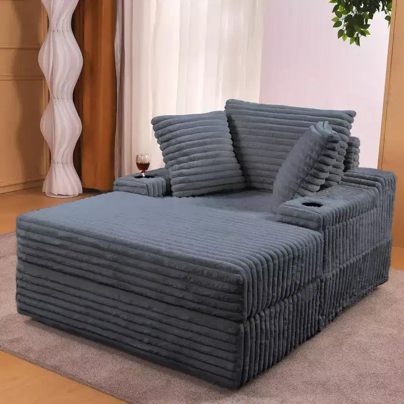 Chaise longue in velluto a coste con pouf contenitore, grigio / bianco sporco / verde chiaro, seduta singola, 3 cuscini
