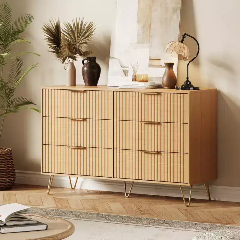 Modern Fluted 6-Drawer Dresser - 47 Wide Wooden Chest with Metal Handles - Spacious Storage Cabinet & Closet Organizer