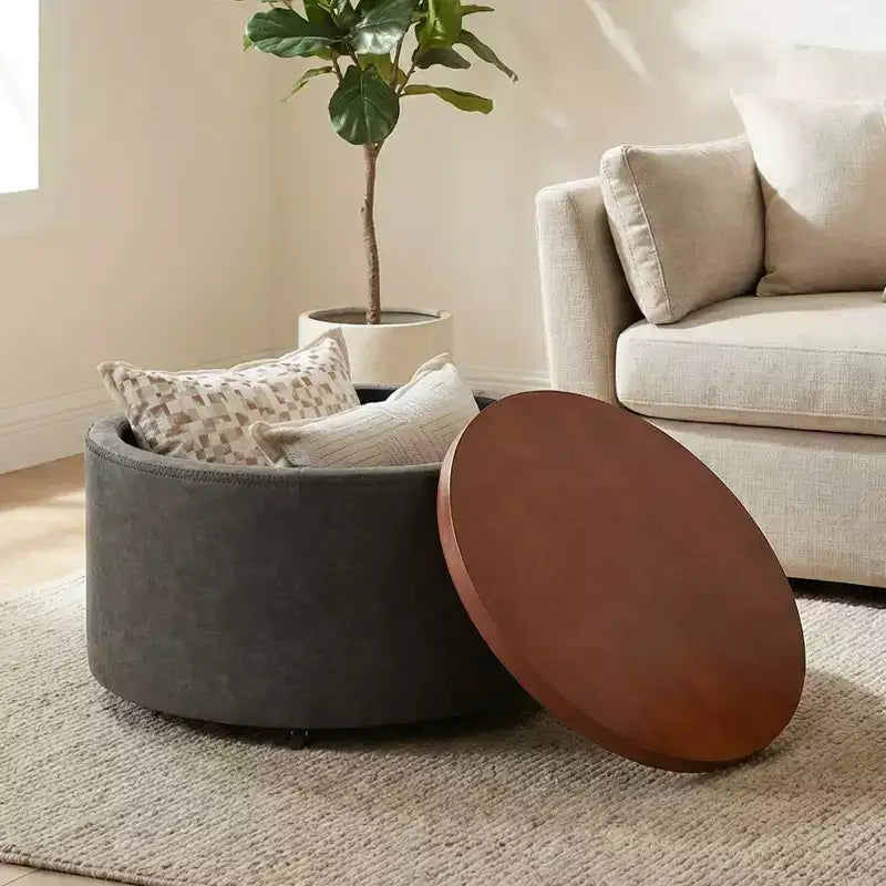 Poggiapiedi contenitore moderno rotondo in similpelle marrone/grigio/verde oliva con ruote, 1 posto