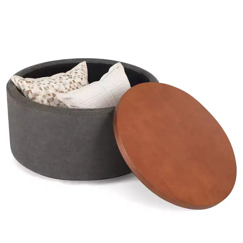 Poggiapiedi contenitore moderno rotondo in similpelle marrone/grigio/verde oliva con ruote, 1 posto