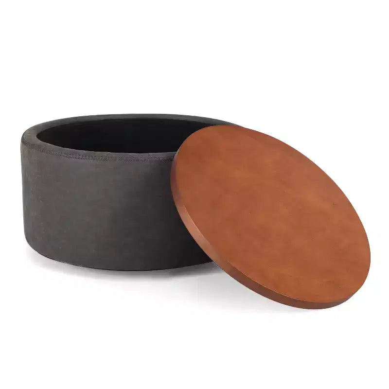 Poggiapiedi contenitore moderno rotondo in similpelle marrone/grigio/verde oliva con ruote, 1 posto