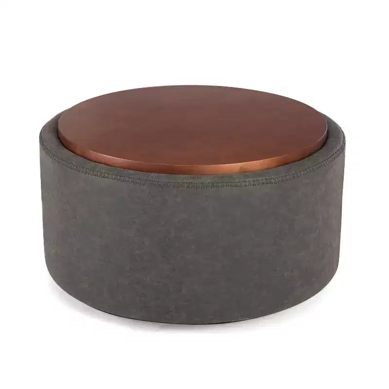 Poggiapiedi contenitore moderno rotondo in similpelle marrone/grigio/verde oliva con ruote, 1 posto