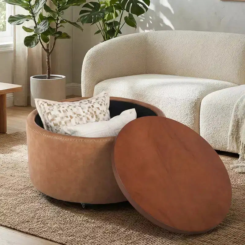Poggiapiedi contenitore moderno rotondo in similpelle marrone/grigio/verde oliva con ruote, 1 posto