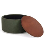 Poggiapiedi contenitore moderno rotondo in similpelle marrone/grigio/verde oliva con ruote, 1 posto