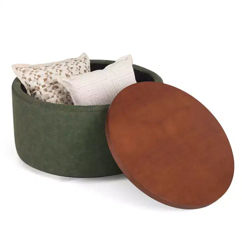 Poggiapiedi contenitore moderno rotondo in similpelle marrone/grigio/verde oliva con ruote, 1 posto