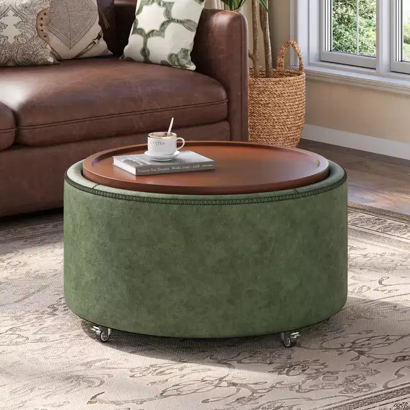 Poggiapiedi contenitore moderno rotondo in similpelle marrone/grigio/verde oliva con ruote, 1 posto
