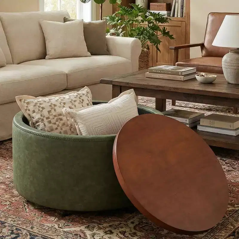 Poggiapiedi contenitore moderno rotondo in similpelle marrone/grigio/verde oliva con ruote, 1 posto