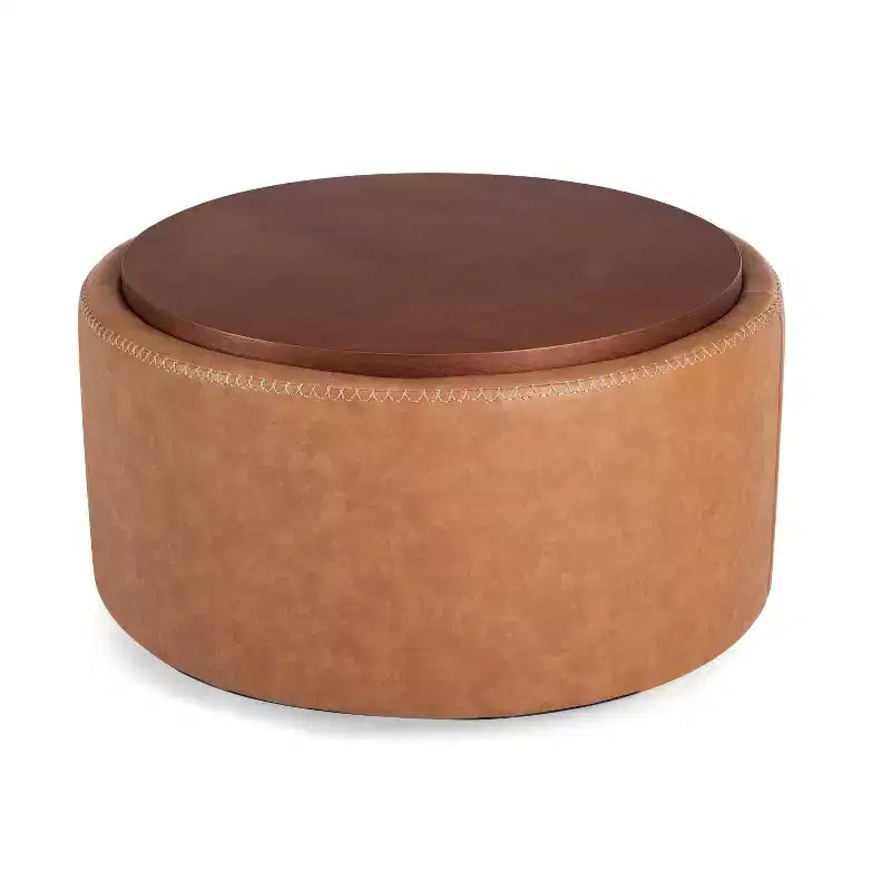 Poggiapiedi contenitore moderno rotondo in similpelle marrone/grigio/verde oliva con ruote, 1 posto