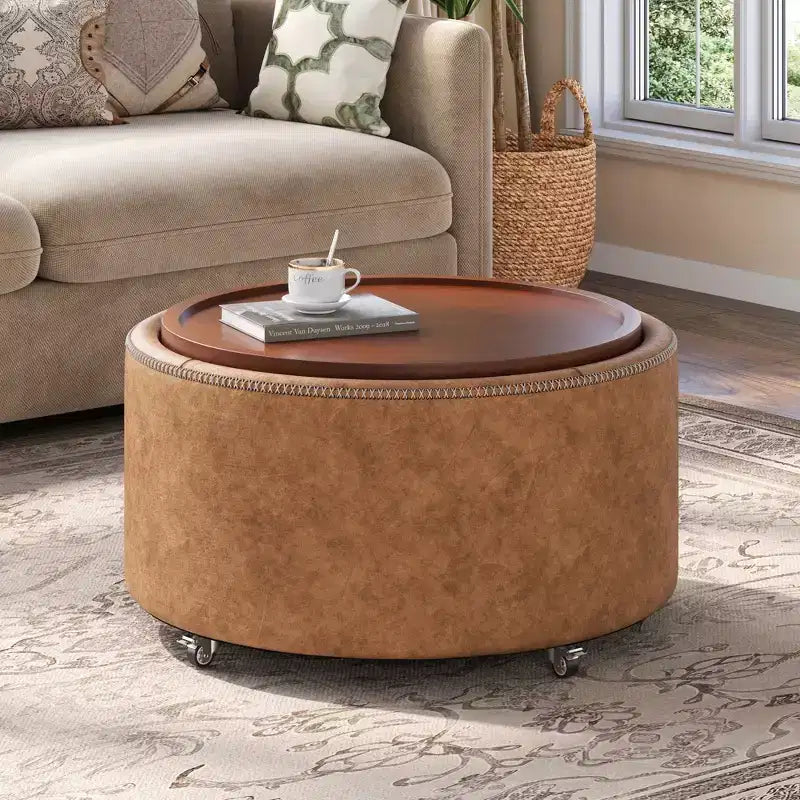 Christopher Knight Home Camila Modern Wooden Faux Leather Upholstered Round Storage Ottoman with Wheels and Removable Lid