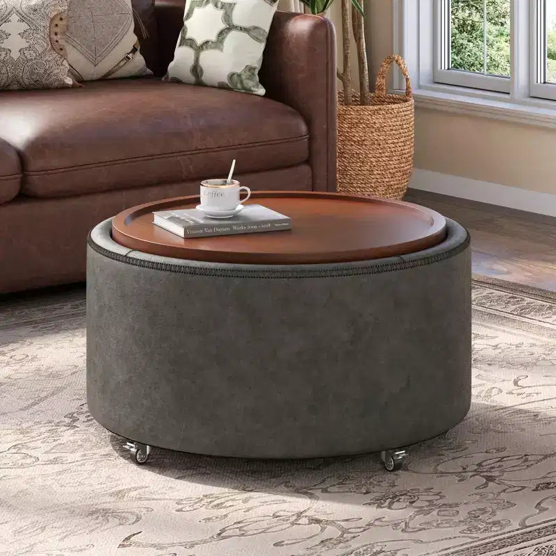Poggiapiedi contenitore moderno rotondo in similpelle marrone/grigio/verde oliva con ruote, 1 posto