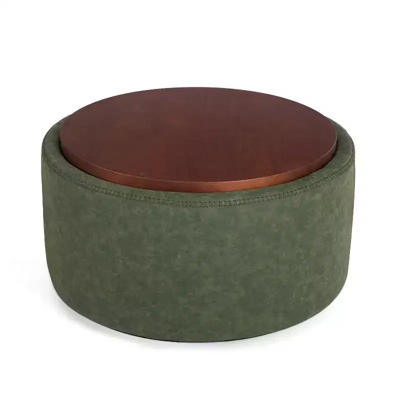 Poggiapiedi contenitore moderno rotondo in similpelle marrone/grigio/verde oliva con ruote, 1 posto