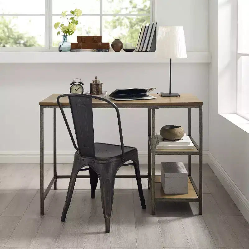 Scrivania in Rovere Lavato e Bronzo, Stile Industriale, Telaio in Acciaio, 1 Persona (42")