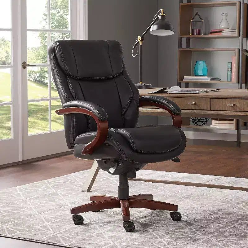 Sedia da ufficio girevole ergonomica nera, altezza regolabile, struttura in legno, 1 posto