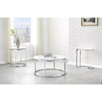 Tavolino rotondo da caffè – piano in marmo bianco, base cromata color argento, stile moderno