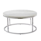 Tavolino rotondo da caffè – piano in marmo bianco, base cromata color argento, stile moderno