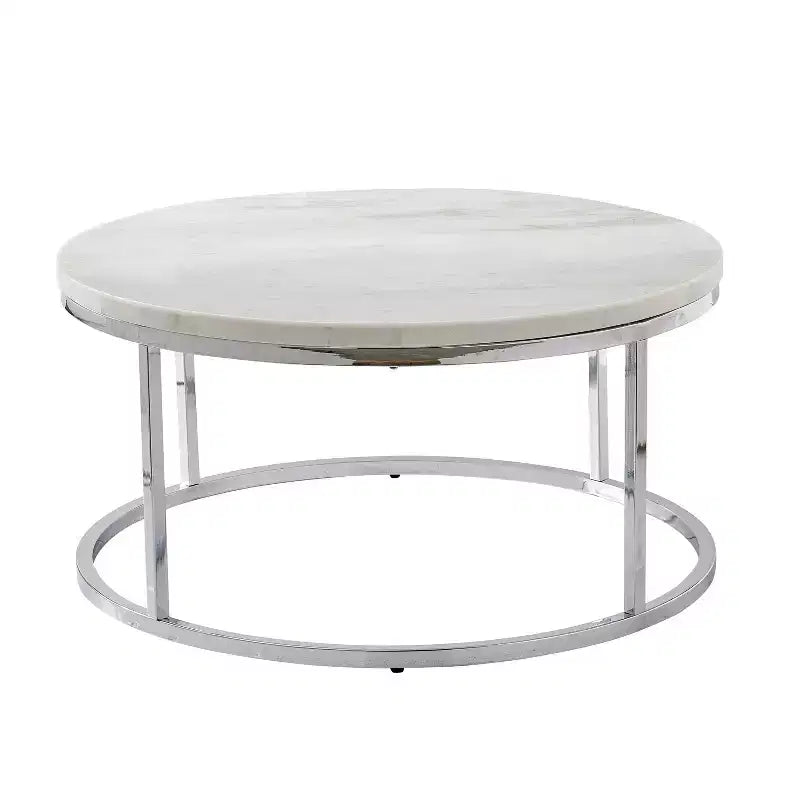 Tavolino rotondo da caffè – piano in marmo bianco, base cromata color argento, stile moderno